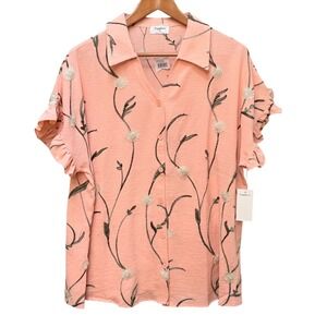 Sapphire Blouse Women 2X Peach Floral Embroidered Ruffle Sleeve Button Up Top